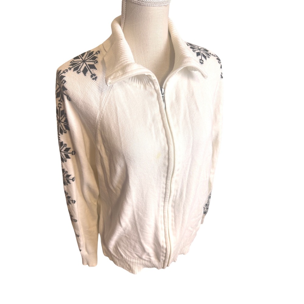 Eddie Bauer White Snowflake Full Zip Cardigan Sweater Womens XL Cotton Nordic